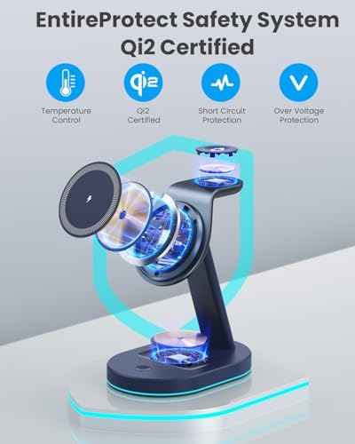 Ultimate 3-in-1 Wireless Charging Station for i Phone, Apple Watch, and Air Pods – Qi2 Certified 15 W Magnetic Charger with 30 W USB-C Adapter & Integrated Night Light – Streamlined Design for i Phone 16/15/14/13/12 – Superior Speed and Enhanced Compatibility for Modern Tech Users