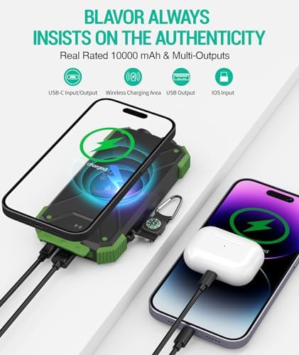 Ultimate BLAVOR Solar Charger Power Bank – 10,000 m Ah Portable Wireless Battery Pack with 20 W Fast Charging, USB-C Compatibility, Solar Panel for Sustainable Energy, and Dual Flashlight for Outdoor Adventures – Essential Gear for Campers and Hikers