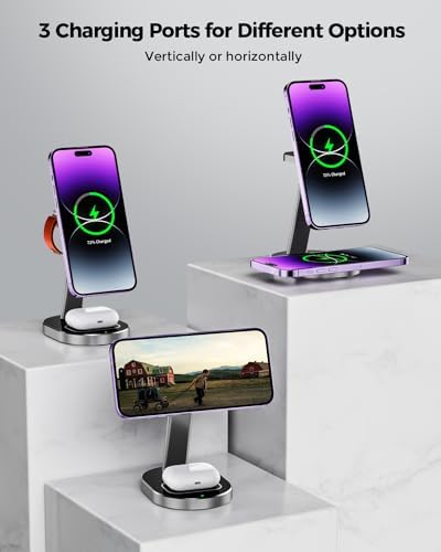 Ultimate 3-in-1 Magnetic Mag-Safe Wireless Charger for i Phone 15, 14, 13, 12 Pro Max, Mini, and Plus – 15 W Fast Charging Station with Aluminum Alloy Stand for Apple Watch & Air Pods – Streamlined Multi-Device Charging Solution with Enhanced Compatibility and Modern Design