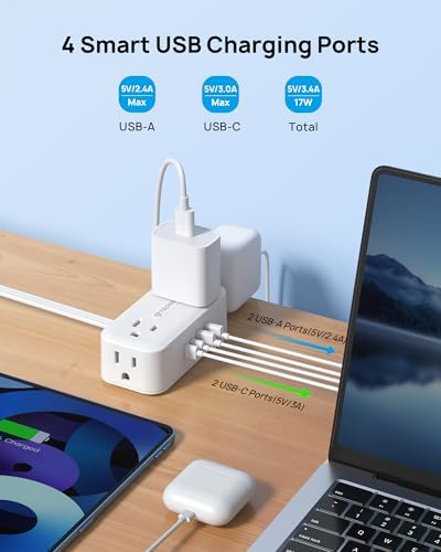 TROND 360° Rotating Flat Plug Power Strip with 5 FT Cord – 4 USB Charging Ports & 4 Wide-Spaced AC Outlets – Wall-Mountable Surge Protector for Office, Dorm, and Travel – 900 J Protection for Maximum Device Safety and Flexibility