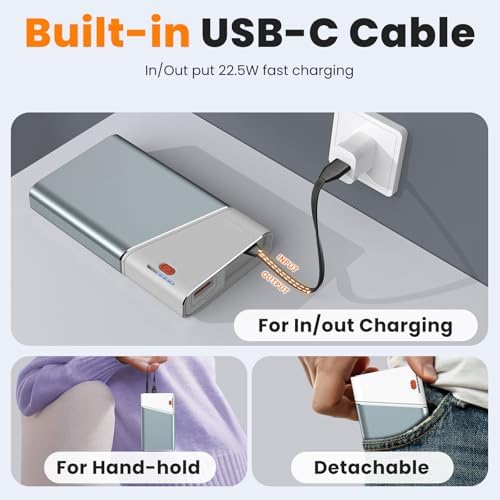 Lightning-Fast 22.5 W Portable Power Bank – 20,000 m Ah Aerospace Metal Charger with Detachable USB-C Cable & TSA Compliance – Ideal Travel Companion for i Phone 16, Samsung S24, and More – Superior Durability & Rapid Charging with 3-Year Guarantee
