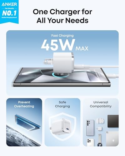 High-Speed Anker Nano 45 W USB-C Charger – Ultra-Compact, Foldable Design for Fast Charging on Samsung Galaxy S25 Ultra, i Phone 16, Mac Book, and More with 6 ft Cable – Optimal Portability and Versatile Device Compatibility