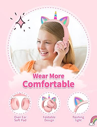 Enchanting Unicorn Wireless Headphones for Kids – Stylish Pink Foldable Design with Light-Up Features, Perfect for Tablets and Toddlers – Superior Sound Quality and Comfort for Magical Listening Adventures – Durable, Adjustable, Tangle-Free Fun for Every Little Girl