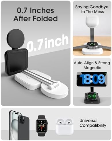 Ultimate 3-in-1 Magnetic Charging Station for Apple Devices – Foldable Wireless Charger for i Phone 16/15/14/13/12 Pro Max, Adjustable Dock for Apple Watch Series 10/9/8/7/6 & Air Pods Pro with Mag-Safe Technology – Portable Solution for Effortless Charging and Convenient Viewing