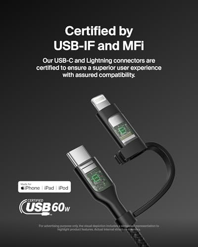 Belkin Boost Charge 2-in-1 Braided USB-C & Lightning Charging Cable (1.5 M) – Fast Multi-Device Charging Solution for i Phone, i Pad, Mac Book, Galaxy, and Nintendo Switch – Durable & Stylish Design with Enhanced Compatibility
