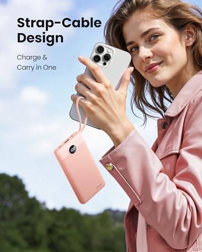Sleek 10,000 m Ah Ultra-Slim Portable Power Bank – Essential Travel Charger with Integrated Cables, 5 Outputs & 2 Inputs, LED Battery Monitor – Universal Compatibility for i Phone & Android Devices – Chic Pink Design for Effortless On-the-Go Charging