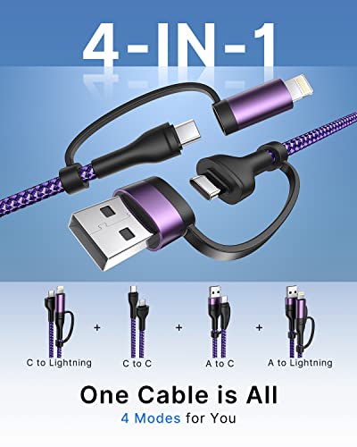 Universal 4-in-1 Multi-Device Charging Cable [2-Pack, 6.6 FT] – 60 W Fast Charging Nylon Braided Lightning & USB-C Cords for i Phone, i Pad, Samsung Galaxy, Mac Book & More – Durable & Tangle-Free Solution for Efficient Powering