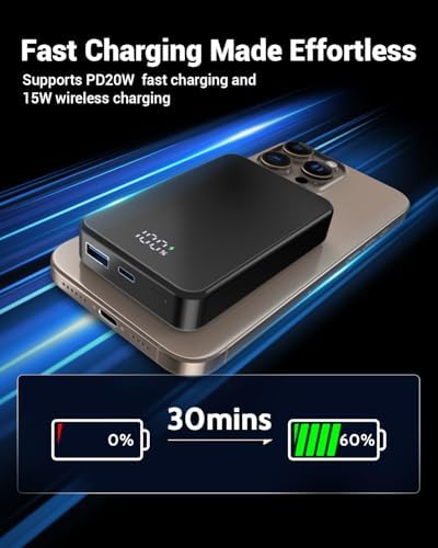 26800 m Ah Magnetic Power Bank – Premium Aluminum Alloy Portable Charger with 20 W USB-C Fast Charging for i Phone 12-16 Series, Sleek Silvery Gray, Effortless Wireless Charging for On-the-Go Power Solutions