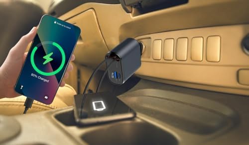 Universal 4-in-1 Fast Charge Retractable Car Charger – 100 W Power Delivery for i Phone 15/14/13 Pro Max, Galaxy & Pixel – Compact 2.6 ft Cables with Cigarette Lighter Adapter – Ideal Gift for Tech-Savvy Men & Women – Enhanced Speed & Compatibility for On-the-Go Charging Solutions