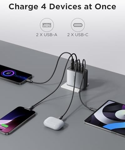 PISEN 65 W Ga N Fast Charging Block – 4-Port USB-C Wall Charger with 4 FT Cable for Mac Book, i Phone 16/15/14, Galaxy S24, Pixel 8, and Steam Deck – Ultimate Multi-Device Power Solution with Enhanced Efficiency and Compatibility