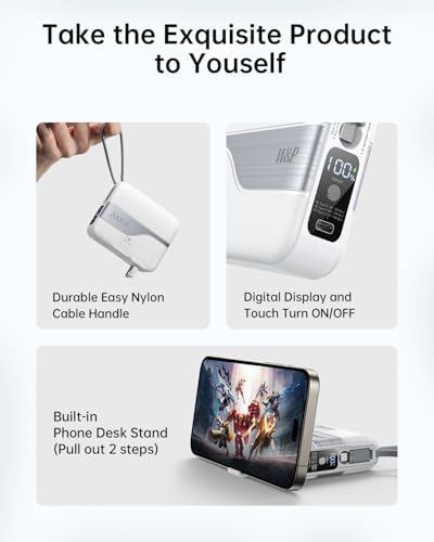 W&P Ultimate Travel Power Bank: 20,000 m Ah Portable Charger with Built-in Cables & AC Plug for 35 W Fast Charging – Ideal for i Phone 16/15/14/13/12 Pro, i Pad, Mac Book Air & Samsung Devices, Your Essential On-the-Go Power Solution