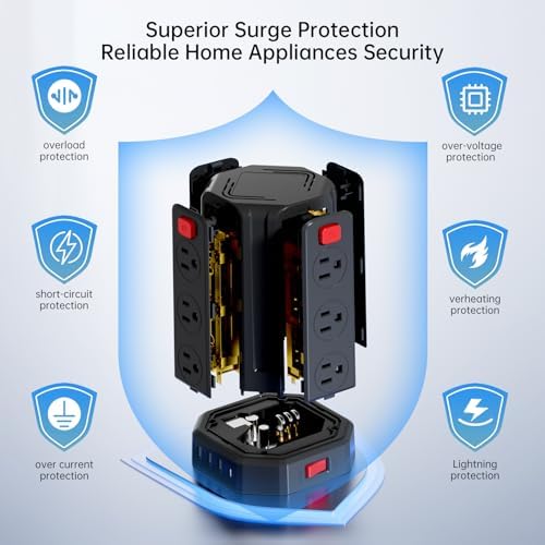 SMALLRT Power Tower Surge Protector – 10 Ft Extension Cord with 12 AC Outlets & 4 USB Ports (1 USB-C) – Ultimate Charging Station for Home & Office – Enhanced Device Compatibility & Safety