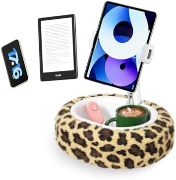 Leopard Print Kindle Pillow Stand – Plush Multi-Functional Tablet Holder with Integrated Snack & Cup Holders for Ultimate Hands-Free Comfort at Home – Compatible with Kindle, i Pad, and Smartphones – Perfect Cozy Reading Accessory for Bed & Couch Relaxation