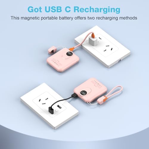 Compact Magnetic Power Bank for i Phone 12-16 | 5000 m Ah Slim Wireless Charger with 20 W Fast Charging, Detachable USB-C & i OS Cable, LED Display | Ultimate Portable Power Solution in Black