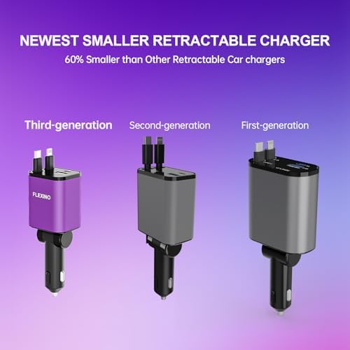 Premium Flexino Compact Retractable Car Charger for i Phone 16 – 69 W Fast Charging with Dual 2.6 ft USB C Cords | Efficient Power Adapter Compatible with i Phone 16/15/14/13/12 Series & Galaxy Devices | Sleek Grey Design for Ultimate Portability and Reduced Cable Clutter