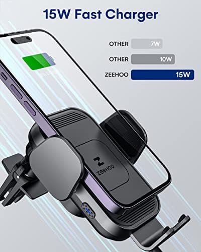 Zee Hoo 15 W Fast Wireless Car Charger with Auto-Clamping Phone Holder – Effortless One-Handed Operation for i Phone 15/14/13/12/11 Pro Max, Qi-Enabled Charging Mount in Sleek Black for Optimal Driving Convenience and Seamless Integration
