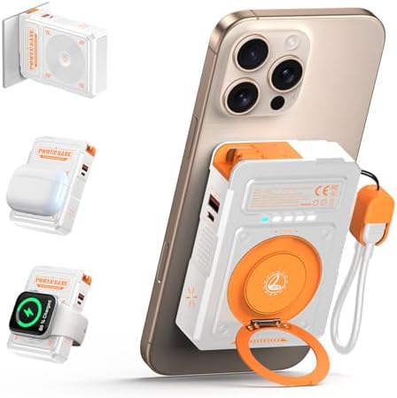 Ultra-Compact 5-in-1 Mag Safe Power Bank – 10,000 m Ah Magnetic Charger with Built-in AC Plug, 22.5 W Wired & 15 W Wireless Fast Charging for i Phone 12-16 Series, Apple Watch, and Air Pods – Versatile USB-C Cord & 360° Rotating Stand for Seamless Video Calls – Safe, Reliable Design for Active Lifestyles – Includes Comprehensive Warranty & Expert Customer Support