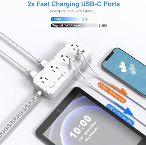 Ultimate Power Strip Surge Protector – 8 Outlet Multi Plug Adapter with 4 Fast-Charging USB Ports (2 USB-C), 5 FT Flexible Extension Cord, 45° Ultra-Slim Flat Plug Design for Seamless Wall Mounting in Office, Travel, or Dorm Settings – Superior Device Protection and Charging Efficiency