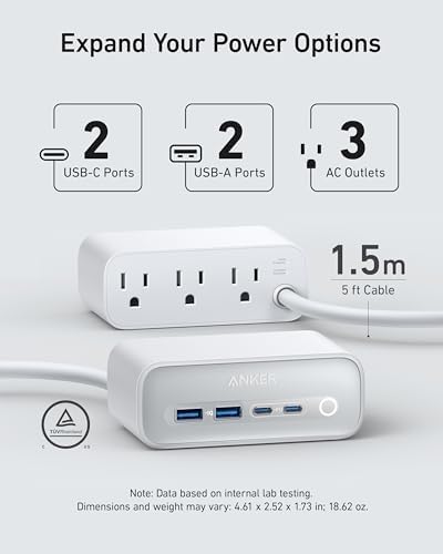 Anker 525 7-in-1 Power Hub – High-Efficiency USB C Charging Station with 65 W Fast Charging, 3 AC Outlets, Dual USB A & C Ports, and 5 ft Extension Cord – Sleek Aurora White Design for Ultimate Device Versatility and Workspace Organization