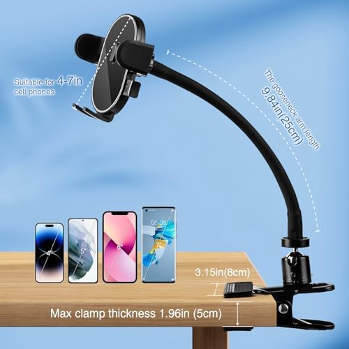 Versatile 360° Gooseneck Clip Phone Holder with Auto-Locking Clamp – Adjustable Arm Lengths for Desk, Treadmill, and Mic Stand – Securely Fits 4-7″ Smartphones for Ultimate Hands-Free Convenience and Enhanced Productivity