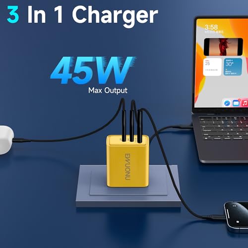 Elevate Your Charging Game with the EWUONU 45 W USB-C Wall Charger – Ultra-Fast Power Delivery & Quick Charge 3.0 Adapter Featuring 3 Ports and 3.3 ft Cable for i Phone 15/15 Pro/Pro Max, i Pad Air 6/5/4, Galaxy S24/S23/S22, Google Pixel – Optimal Efficiency for Travel and Home Charging Needs
