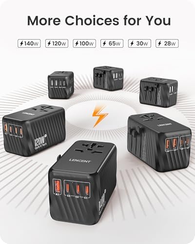 LENCENT 85 W Universal Travel Adapter with Retractable USB-C Cable – High-Speed International Plug Converter Featuring 3 Type-C & 1 USB-A Ports for Effortless Worldwide Charging – Your Ultimate Travel Essential for Maximum Compatibility, Fast Charging, and Ga N Technology Efficiency