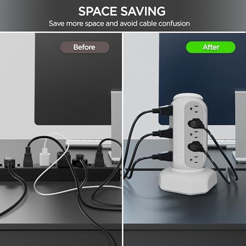 Maximize Your Power Potential with the 15-Outlet Surge Protector Tower Featuring 6 Fast-Charging USB Ports and LED Night Light – Retractable Heavy-Duty Extension Cord with Right Flat Plug for Effortless Accessibility and Enhanced Device Compatibility – Ideal Charging Station for Home and Office Use