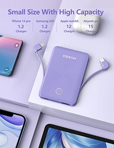 Ultra Slim 6000 m Ah Power Bank with Built-In USB C Cords – Card-Sized Portable Charger for Effortless On-the-Go Charging, Triple Output for i Phone, Samsung, Google Devices – Stylish and Compact Battery Pack for Enhanced Efficiency and Versatility