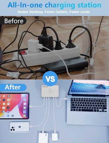 Ultimate 100 W 6-Port USB Charging Hub with Qi Wireless Charging Pad – Rapid Multi-Device Power Station for i Phone, Samsung, Tablets & More – Essential for Home, Office, and Travel Efficiency
