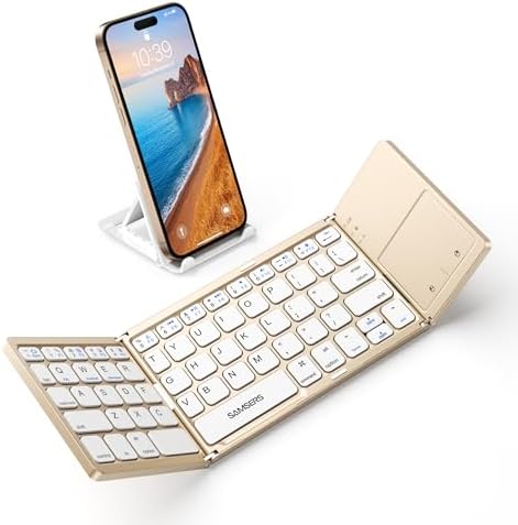 Samsers Portable Bluetooth Keyboard with Touchpad – Ultra-Slim Foldable Wireless Keyboard for Effortless Typing on Android, Windows, and i OS Devices – Rechargeable, Travel-Friendly Design with Device Holder – Black