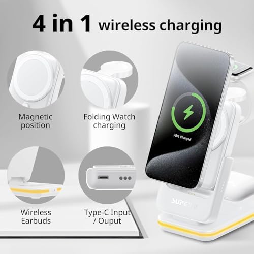 Ultimate 4-in-1 Magnetic Charging Station – SUPERV Foldable 5000 m Ah Power Bank for i Phone 16/15, Apple Watch, Air Pods & Samsung Galaxy S25/S24 – Fast Wireless Charger with Enhanced Mag-Safe Compatibility for Seamless Portability and Versatile Device Support