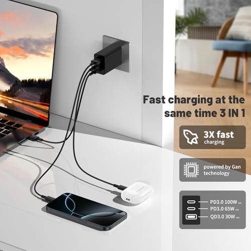 100 W Ga N USB-C Wall Charger – 3-Port Fast Charging Station for Mac Book, i Phone 16/15, Galaxy S24 & More – Compact Design with Enhanced Compatibility and Safety Features for Home, Office, and Travel Use