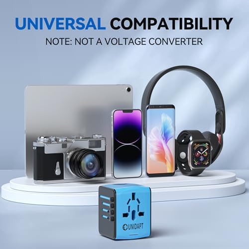 Unidapt Universal Travel Adapter: High-Speed 2.4 A 4-Port USB Charger for Global Use – Compact International Plug Adapter for Europe, USA, UK, Australia – Stylish Blue Design with Safety Features for Hassle-Free Charging on the Go