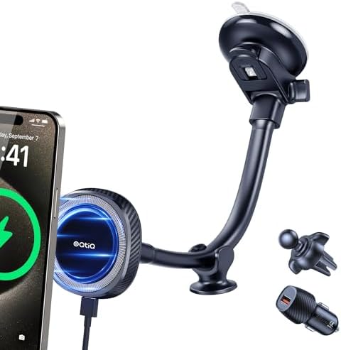 OQTIQ Magnetic Wireless Car Charger for i Phone 12-16 Series – 15 W Fast Charging with Secure Magnetic Mount, Versatile Windshield, Dashboard, & Air Vent Compatibility, Includes QC 3.0 Adapter for Optimal Performance – Upgrade Your Driving Experience with Effortless Charging & Navigation Access