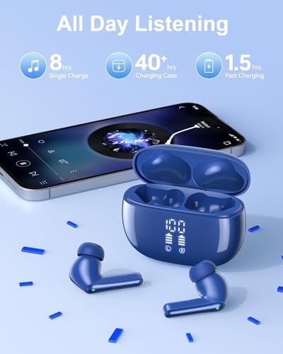Elevate Your Audio Experience with Navy Blue Bluetooth Deep Bass Earbuds – 40 Hours Playtime, IPX7 Waterproof, LED Battery Indicator & Comfortable In-Ear Design for i Phone, Android, Tablets & Laptops – Ideal for Active Lifestyles and Extended Listening Sessions