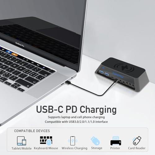 Revolutionize Your Work Setup with the 16-in-1 USB-C Hub Docking Station – Ultimate Connectivity Hub Featuring Dual 4 K HDMI, Rapid USB 3.0 Data Transfer, and Effortless Wireless Charging for Laptops and Tablets!