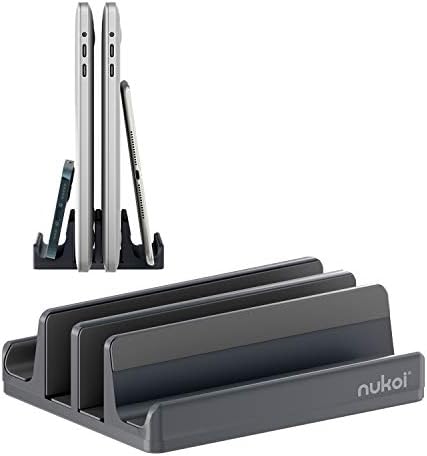 Transform Your Workspace with SPACEMax Premium Vertical Laptop Stand – Adjustable Aluminum Holder for Laptops Up to 17.3” Featuring Advanced Anti-Tip GRIPLock Technology – Versatile 4-Slot Design for Tablets and Phones – Elegant Silver Finish for a Modern Desk Aesthetic – Enhance Your Workflow Efficiency and Posture with Lightweight, Durable Construction