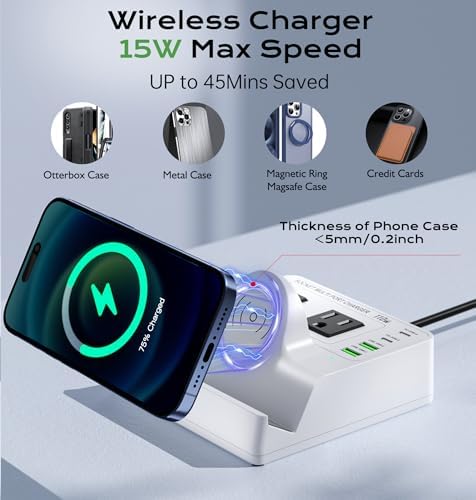 TOPOINT 7-in-1 Multi-Device Charging Hub with Wireless Charging Pad – 65 W Fast USB-C Power Strip for i Phone, Samsung, Mac Book, and More – Ultimate Compatibility and Space-Saving Design for Home and Office Use
