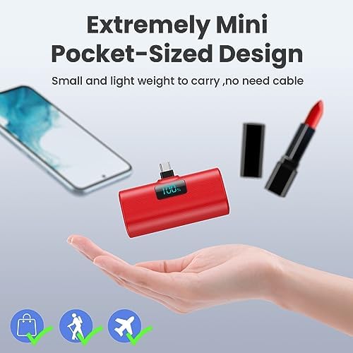 Compact 5200 m Ah Power Bank with Built-In USB-C for i Phone 15 and Samsung Devices – Fast Charging, LCD Display, Lightweight Red Design for On-the-Go Convenience and Enhanced Compatibility