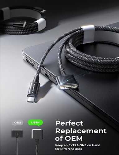 LISEN 6.6 ft USB-C to Mag-Safe 3 Charging Cable for Mac Book Air & Pro (2022-2024) – Premium Rapid Charging Solution, Durable Design with Elegant Midnight Finish, Ideal for Seamless Power Delivery and Enhanced Device Safety