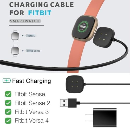 Premium Replacement Charger for Fitbit Sense 2, Versa 3 & 4 – High-Speed USB Magnetic Charging Cable with Wall Plug for Enhanced Device Compatibility and Performance – Stay Active & Connected Effortlessly