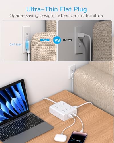 Versatile Surge Protector Power Strip with 8 AC Outlets & 4 USB Ports (2 USB-C), 6 Ft Flat Plug Extension Cord, 1080 Joules Safety Rating, Wall Mountable Charging Station for Home, Office, and Dorm – Streamlined Device Management & Fast Charging Enhanced