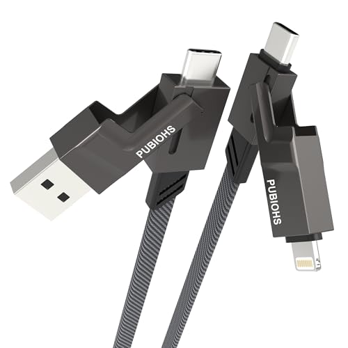 SHEZI Series 4-in-1 USB C Cable – 6 FT Fast Charging & Data Sync Cable with Lightning, Type C & USB A Connectors – 60 W Power Delivery, 480 Mbps Transfer Speed, Durable Nylon Braided Design for i Phone 16/15/14, i Pad, Samsung & Mac Book