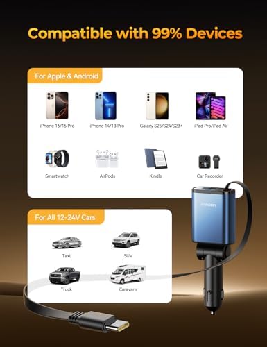 Ultra-Compact 72 W Retractable Car Charger – PD 45 W Fast Charging for i Phone 15/16, Samsung S25/S24 & Pixel – Space-Saving USB C Adapter for Convenient On-the-Go Power Solutions