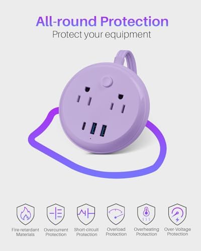KOOSLA Compact Flat Plug Power Strip with USB C Ports – 2 AC Outlets & 3 Fast-Charging USB Ports for Ultimate Travel Convenience – 1250 W Capacity, 5 ft Cord – Ideal for Cruise Ships, Dorms, Homes, & Offices – Lightweight, Space-Saving Design for Multi-Device Charging