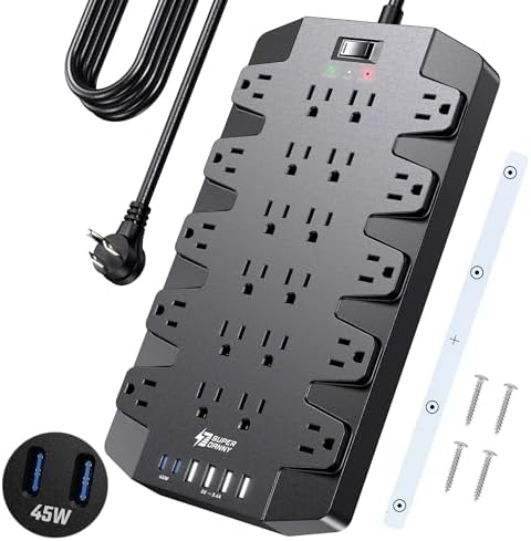 SUPERDANNY 22-Outlet Surge Protector Power Strip with 6.5 Ft Cord, 2 USB-C & 4 USB Ports – High-Capacity 1875 W/15 A with 2100 J Surge Protection for Home, Office, and Dorm Use – Wall Mount Design for Space-Saving Convenience