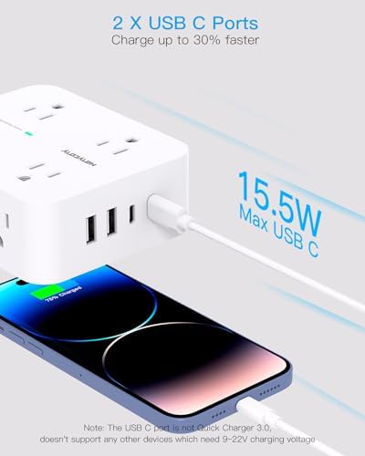HANYCONY 6 ft Surge Protector Power Strip with 8 Outlets & 2 USB-C Ports – Essential College Dorm Extension Cord with Space-Saving Flat Plug for Fast Charging and Device Safety – Perfect for Home Office and Tech Needs