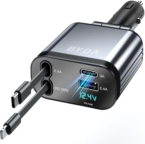 Ultimate 4 in 1 Retractable USB C Car Charger with 69 W Fast Charging & Starry Light – Universal Compatibility for i Phone, i Pad, Android, Galaxy & Pixel – Smart Design with Cigarette Lighter Adapter for Hassle-Free Power on the Go