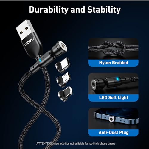 Versatile 5-Pack Magnetic Charging Cables with 540° Rotating Connectors and LED Indicator – Durable Micro USB, USB C, and i-Product Compatibility for Fast Charging and Efficient Data Transfer