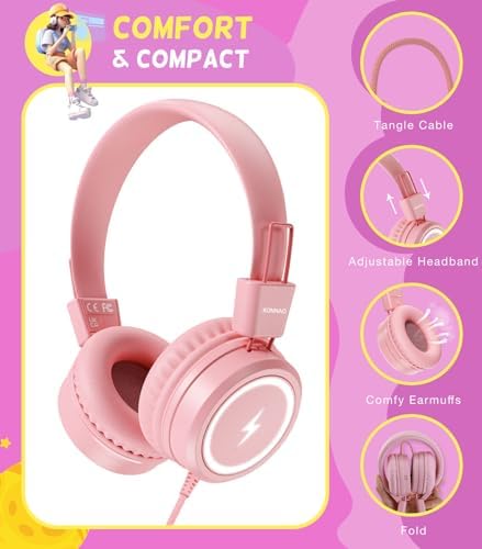 Kid-Friendly USB Type C Headphones with LED Lights – Safe Volume Limiter (85 d B/94 d B) for School Use, Foldable On-Ear Design for Comfort and Portability, Integrated Microphone for Learning and Gaming Fun – Perfect for i Pad and More